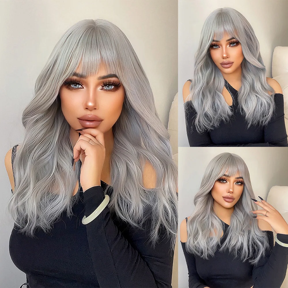 

22Inch Silver Grey Synthetic Wigs with Bangs Long Natural Wavy Hair Wig for Women Daily Use Cosplay Drag Queen Heat Resistant