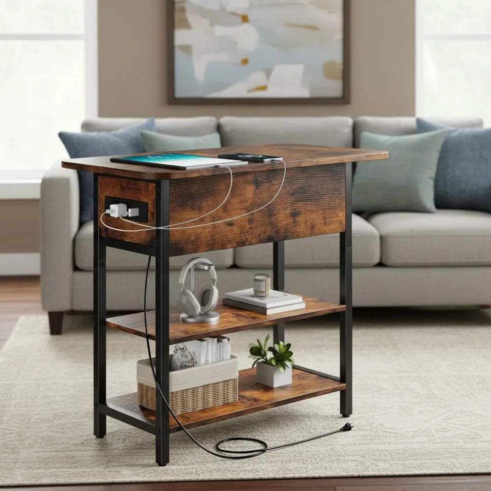 

Приставной столик с откидной крышкой и зарядной станцией, USB-портами и розетками, узкая тумбочка с полками для хранения для гостиной, спальни