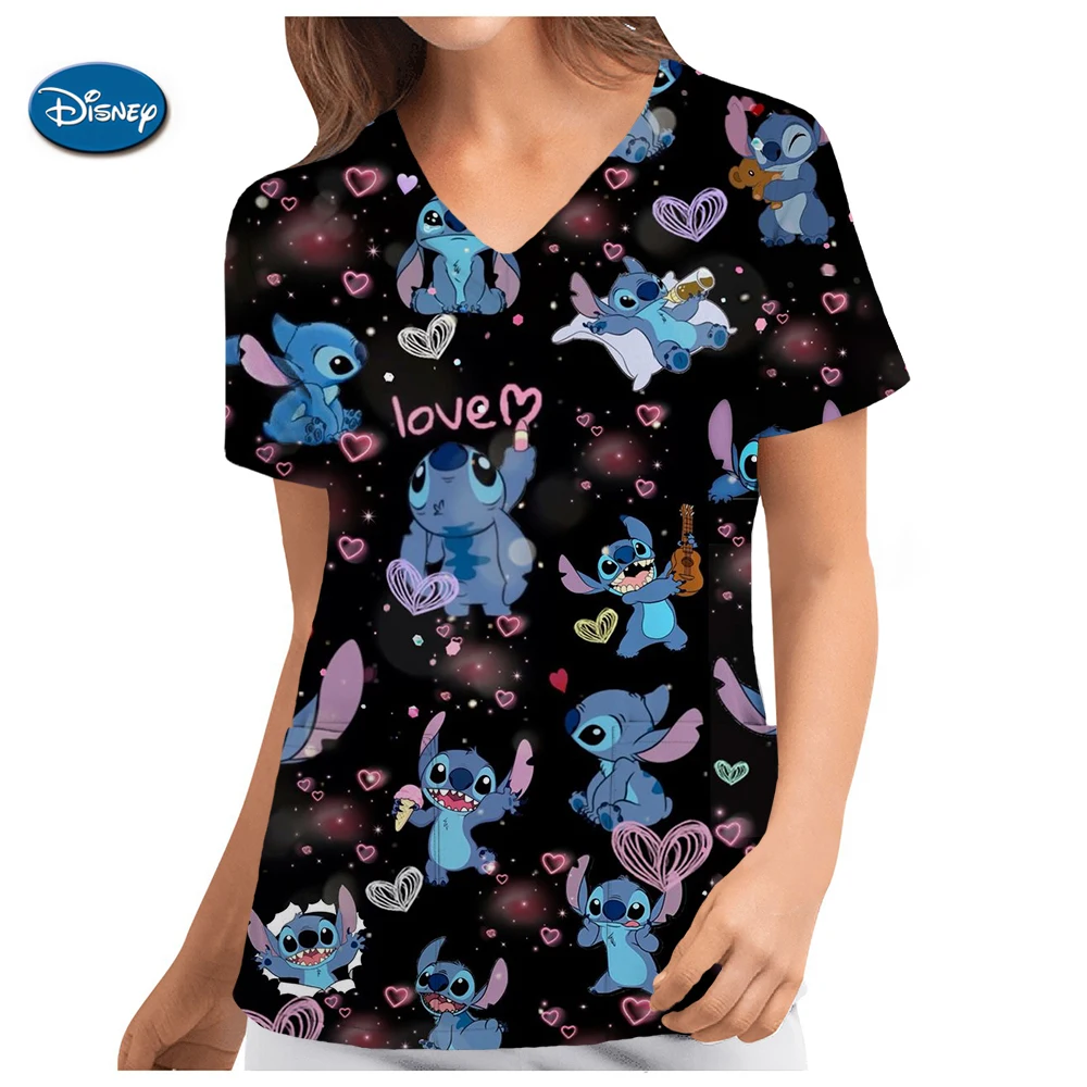 Disney Mickey Mouse Print Nurse Medical Uniforms V-neck Short Sleeve Pocket Workwear Top Scrubs Medical Accessories Uniform