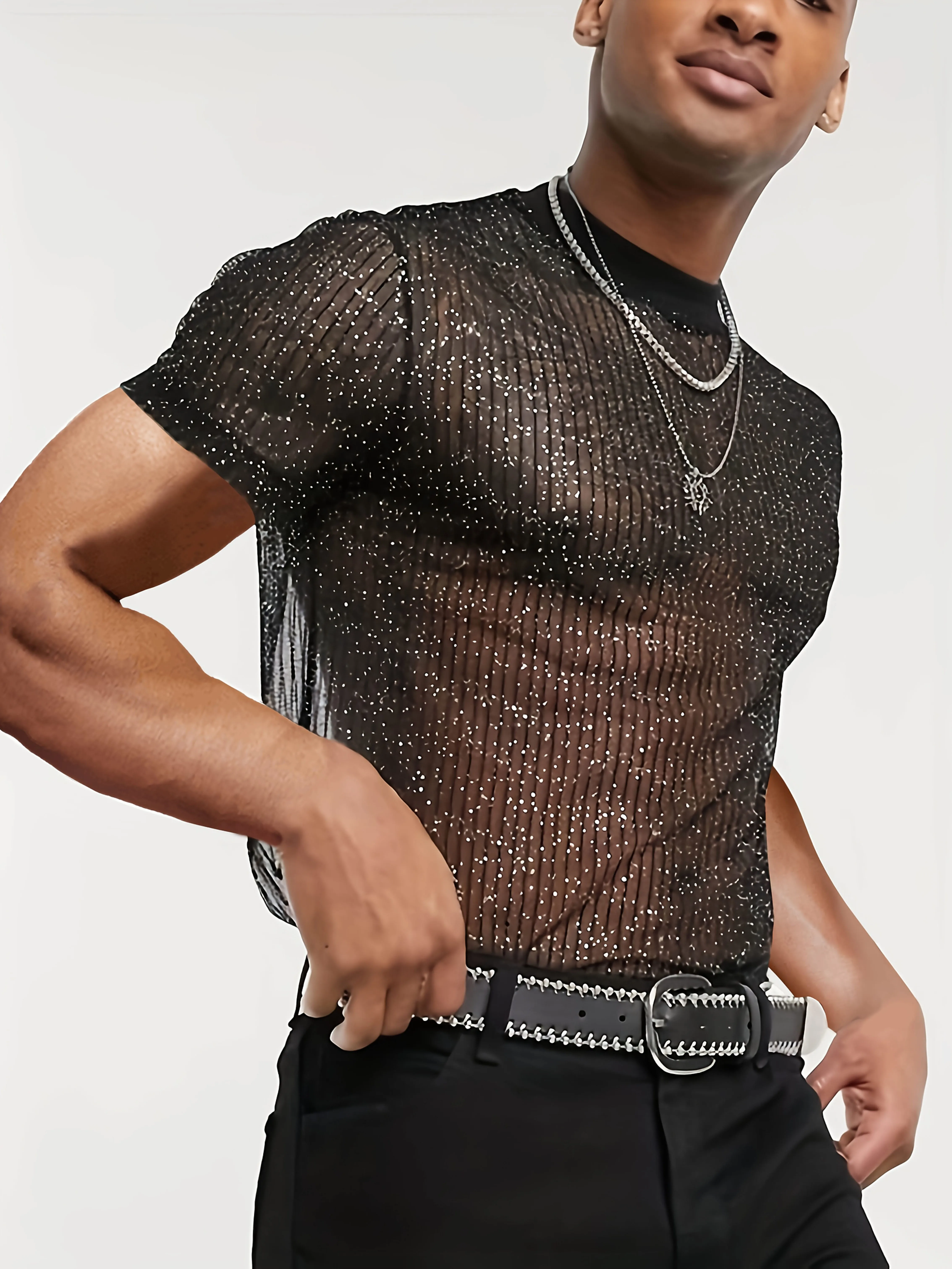 Herren-Sommer-T-Shirt, lässig, sexy, halbtransparent, kurzärmelig, Rundhalsausschnitt, geeignet für Freizeitausflüge und Urlaub, 100 % Polyester, ma