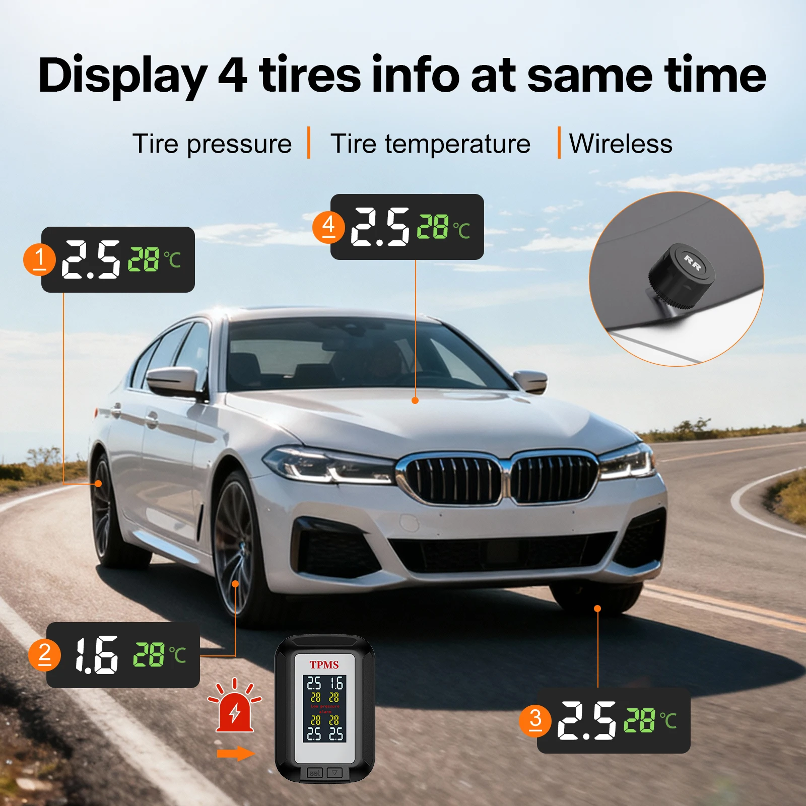 

Проводной датчик давления в шинах с отображением на мобильном телефоне через приложение, питание от USB, ACC, внешнее измерение давления в шинах.