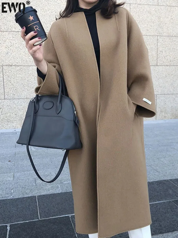 [EWQ] Simple Multi Colors Brown Beige Black Woolen Double-faced Cashmere Coat Overcoat Outerwear 2024 Autumn Winter New 16U5541