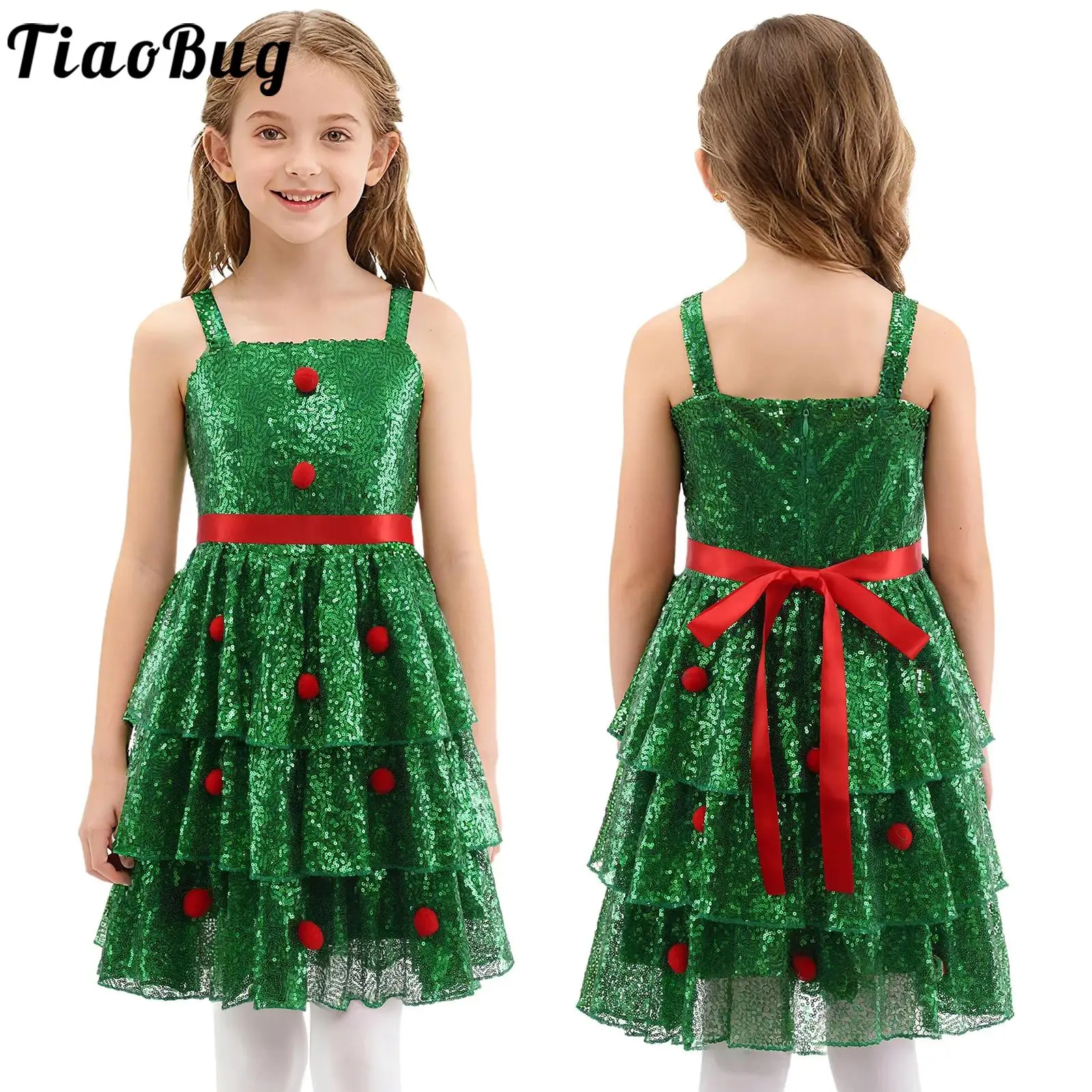 

Girls Christmas Xmas Tree Tutu Dress Costume Sequin Pompom Sleeveless Zipper Ruffled Layered Dress for Festival Family Gathering