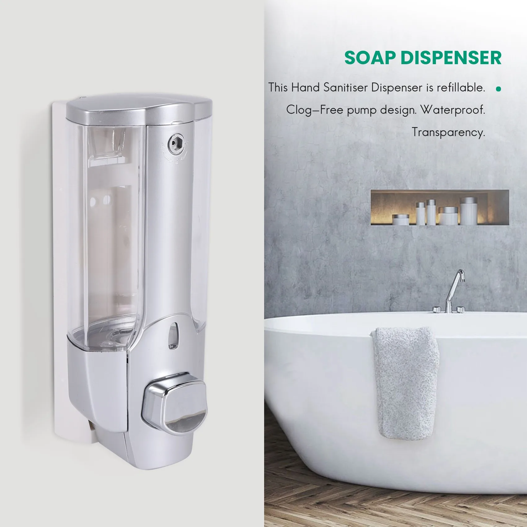 Dispenser sabun, Dispenser Tangan terpasang di dinding, Dispenser Gel tangan Manual 350Ml, Gel Mandi, Dispenser sampo untuk dapur