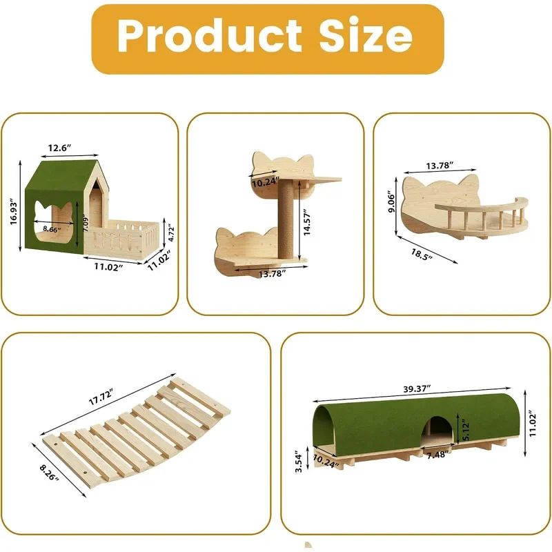 16-in-1 Cat Wall Shelves Solid Pine Wood Cat Climbing System with Tunnel Perch Bridge Condo and Sisal Scratching Post Indoor