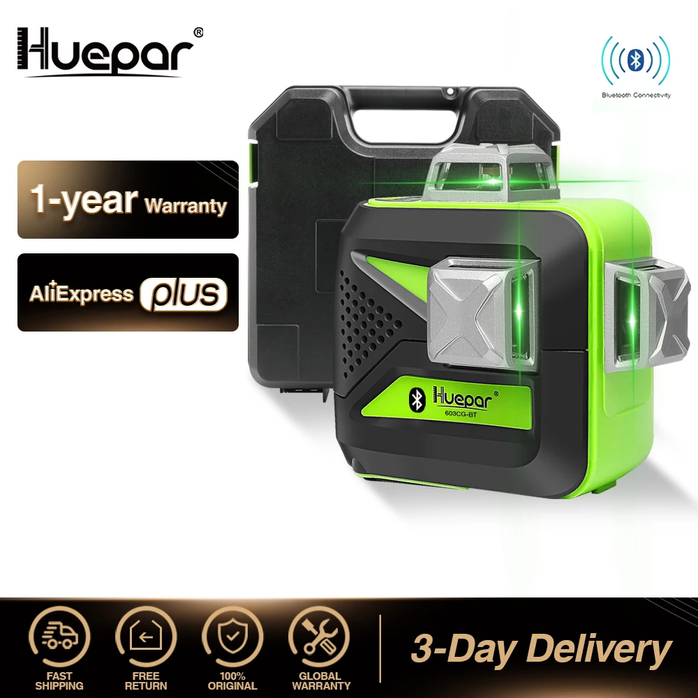 Huepar 3x360 Green Beam 3D Laser Level with Bluetooth Connectivity Cross Lines Three-Plane Self-Leveling Tools & Hard Carry Case