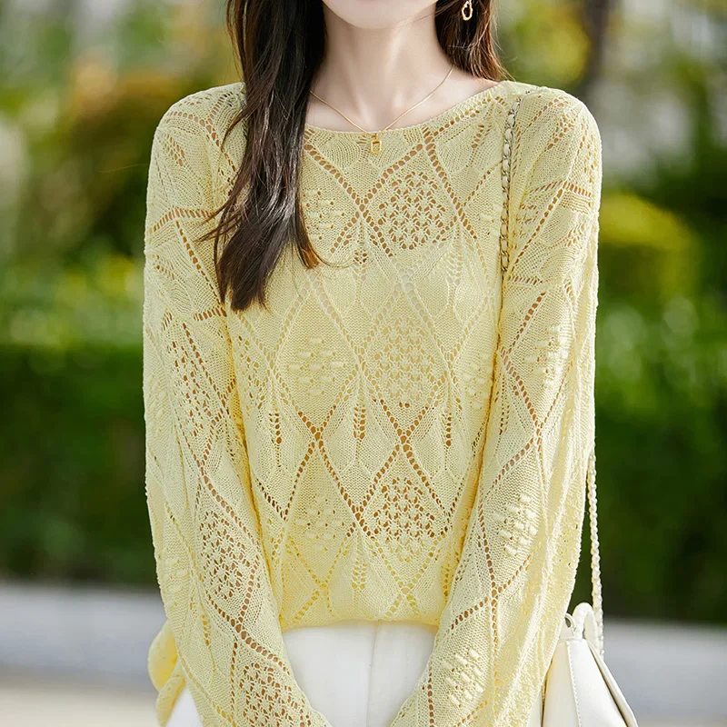 

Spring/summer 25 new linen round neck sweater hollow long sleeve loose slim sun protection clothing thin blouse with women's blo