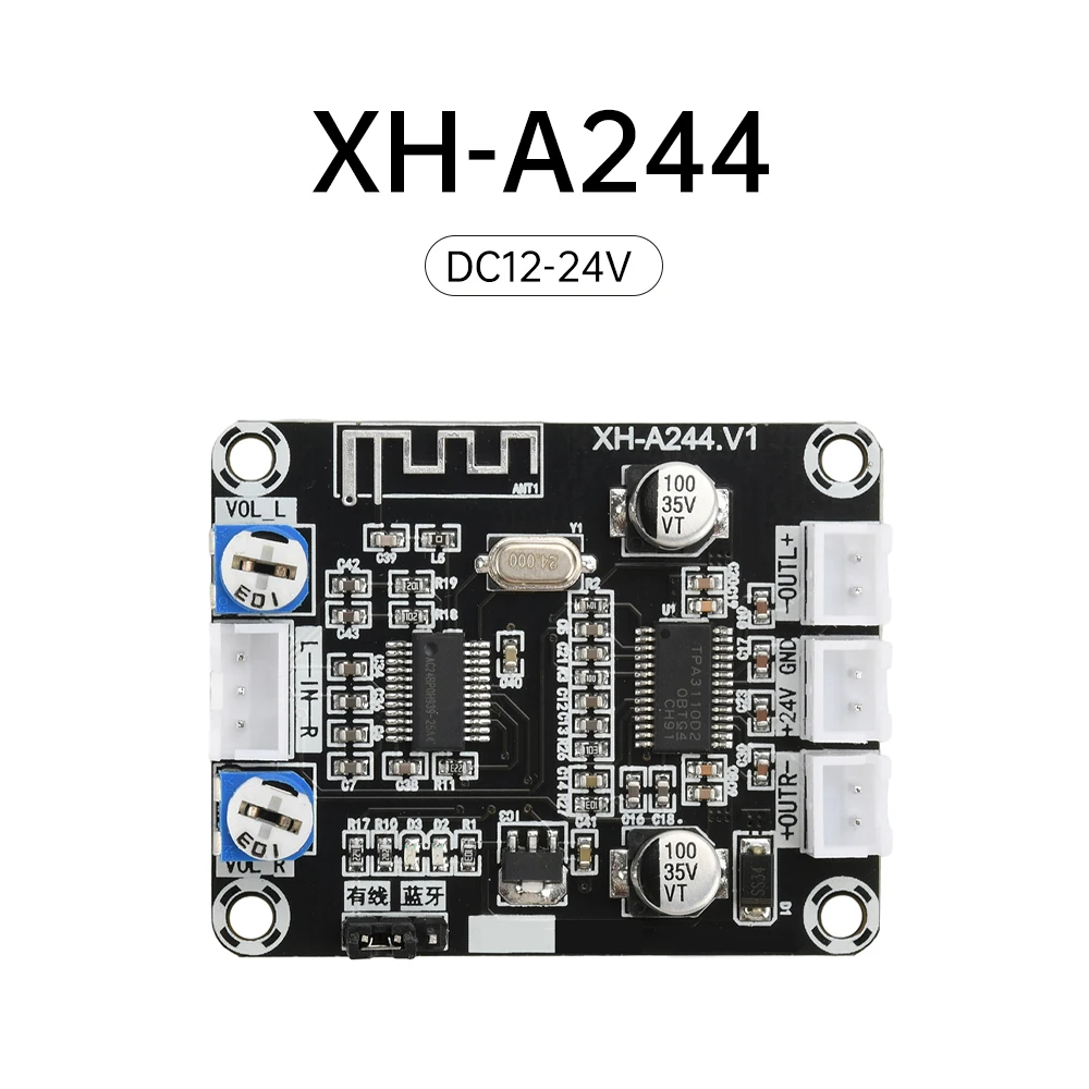 Modul Amplifier Audio Universal XH-A244, papan Amplifier Digital DC12-24V Saluran ganda 30W X 2