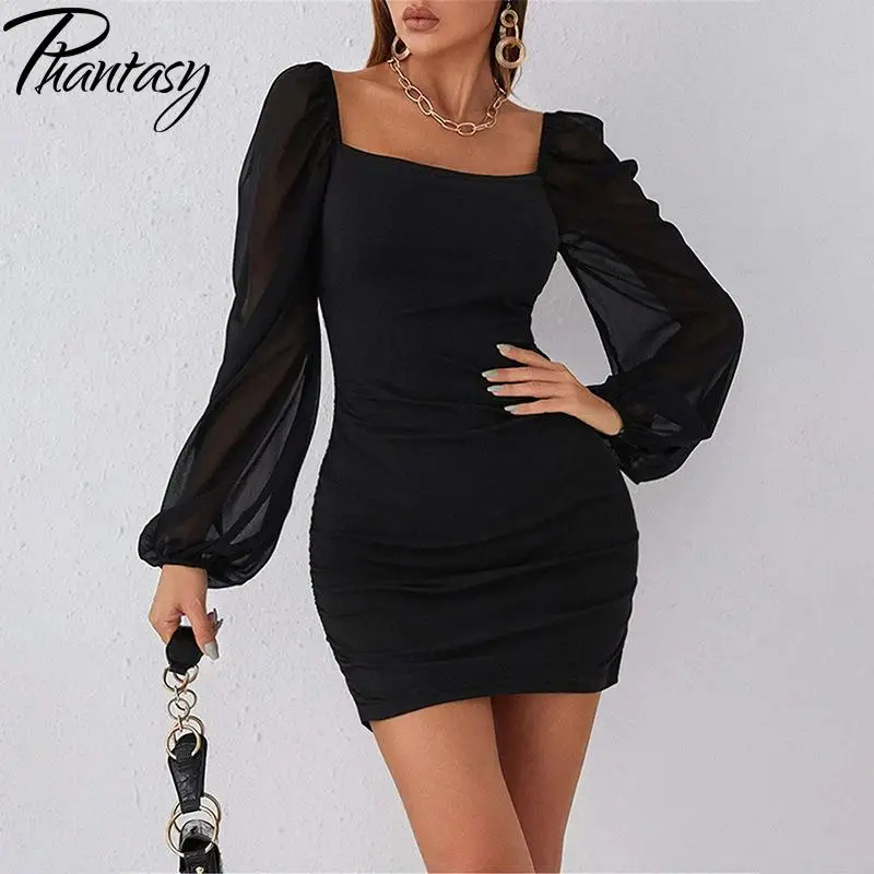 

Phantasy Black Mesh Long Sleeved Dress Women Night Club Mini Dress Elegant Office Lady Spring Summer Square Neck Streetwear