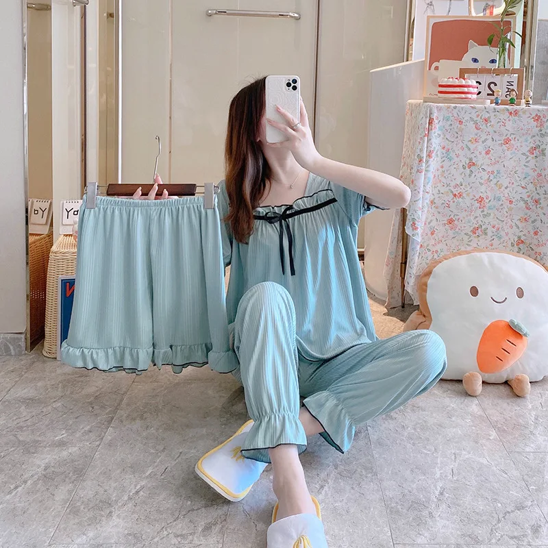 Women\'s Three-Piece Pajamas Female Summer New Sweet Solid Colour Short-Sleeved Shorts Trousers Ladies Casual Homewear Set