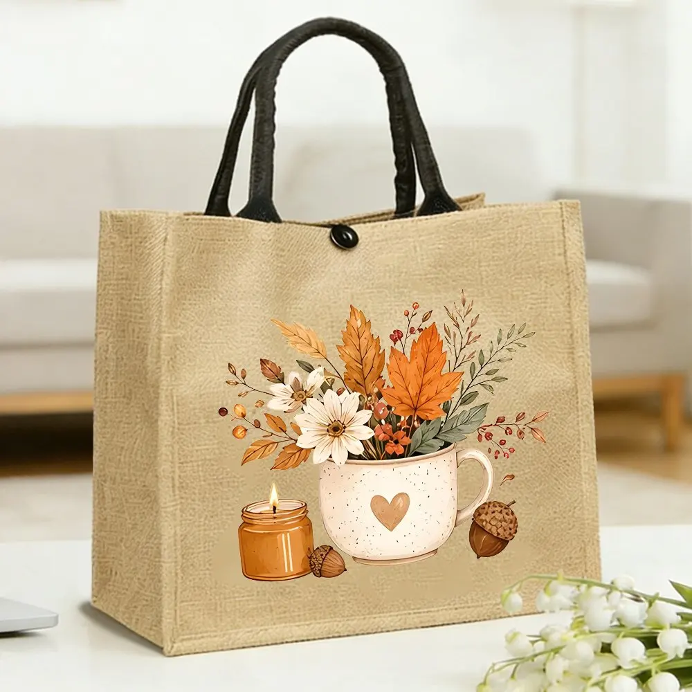Fall Floral Mug Jute Tote Bag, Autumn Maple Leaf Candle Acorn Print Shoulder Bag, Thanksgiving Reusable Shopping Gift Handbag