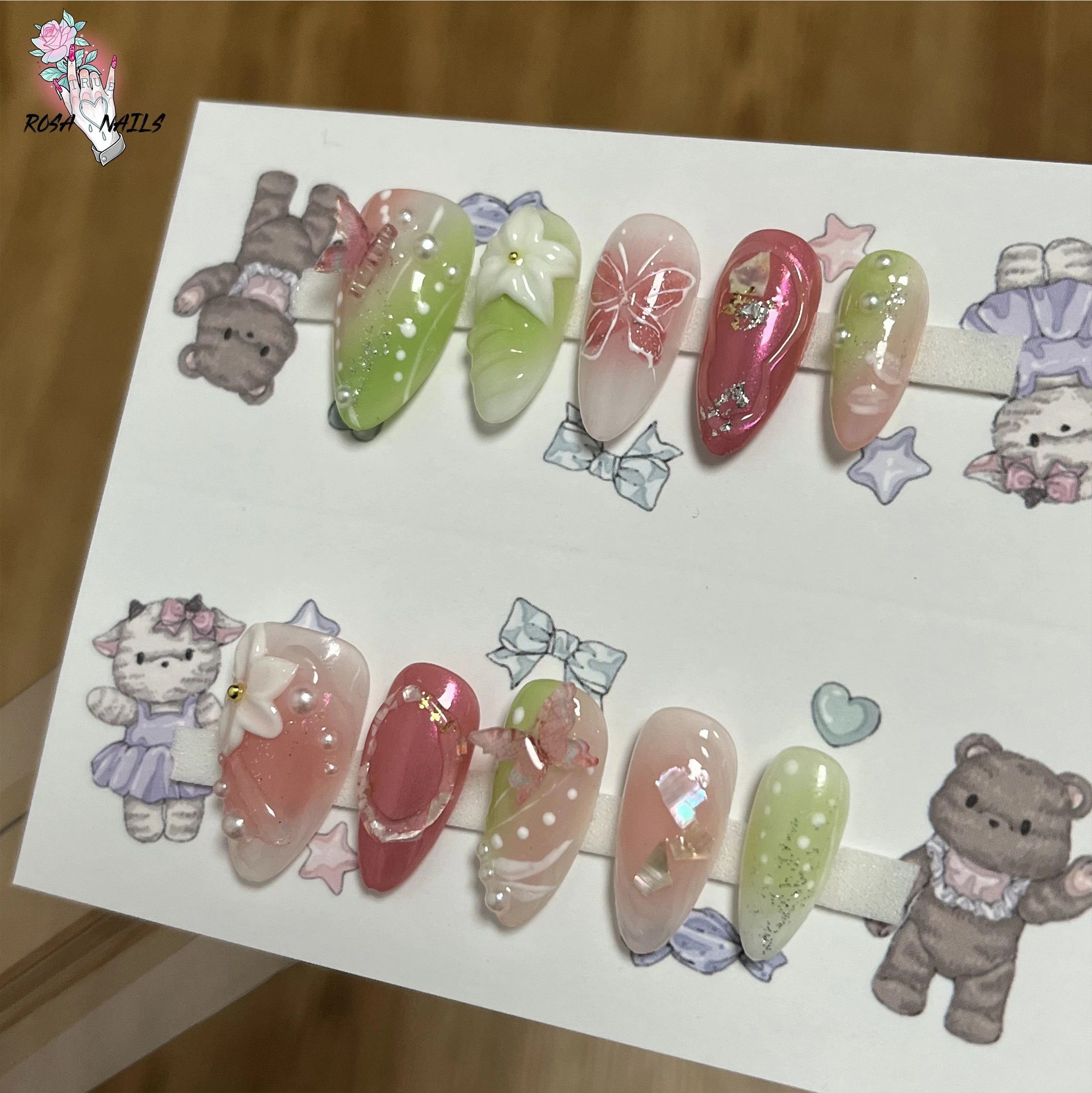 نصائح فن الأظافر ثلاثية الأبعاد المطلية يدويًا ، ضغط اللوز على الأظافر ، الفراشات الوردية ، الزهور العائمة المصنوعة يدويًا ، زهرة البتلة