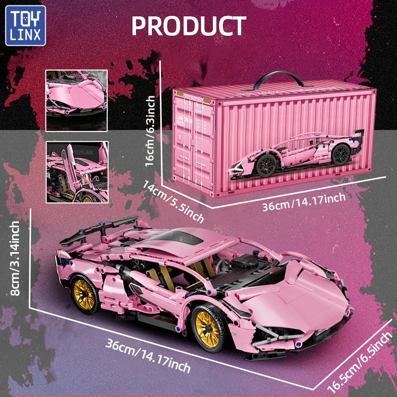 TOYLINX Super Roze Technische Snelheidsvoertuig Bouwstenen Auto Racing Bricks Speelgoed Verjaardag Kerstcadeaus voor Kinderen Kinderen