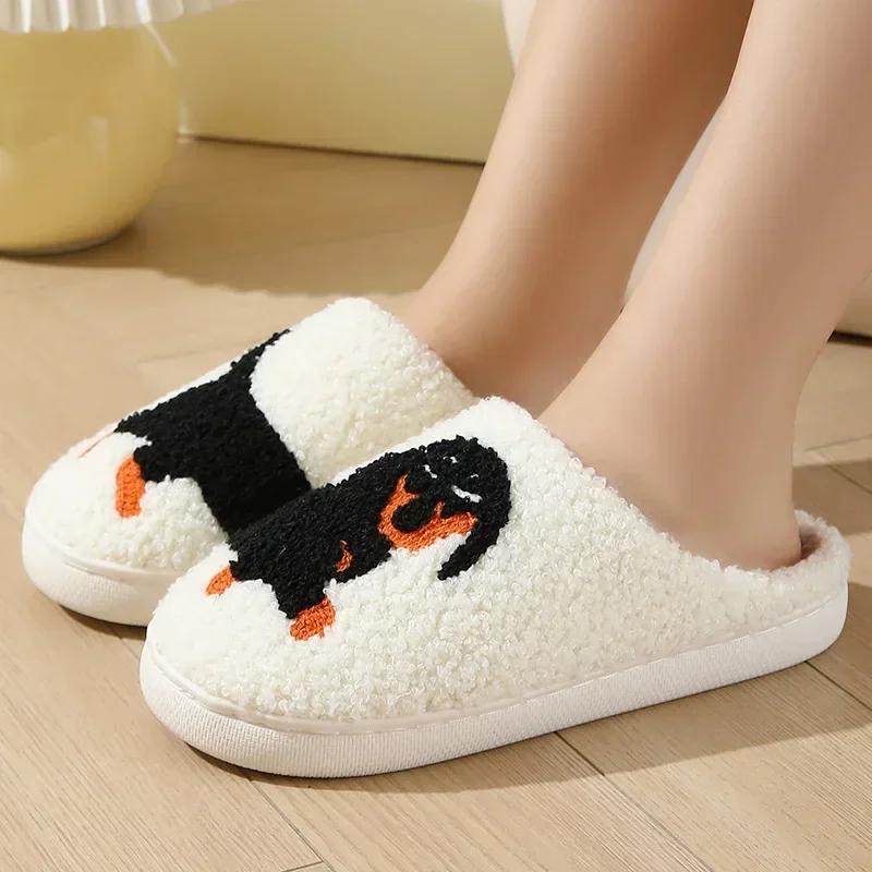 Pet Pattern Dachshund Embroidery Stuffed Home Thick Sole Plaid Furry Cotton Slippers  Cute Warm Non-slip Indoor Slippers Gift