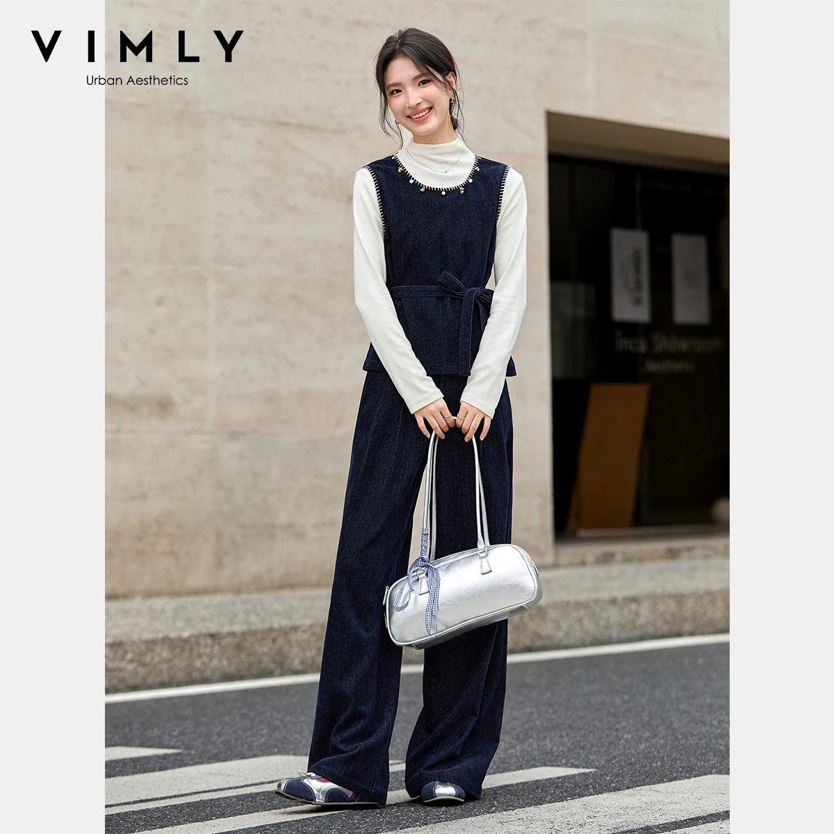 

VIMLY Women's Fall Pant Suits 2025 Casual Round Neck Sashes Denim Waistcoat Wide Legs Trousers Elegant Sets Woman 2 Piece A3116