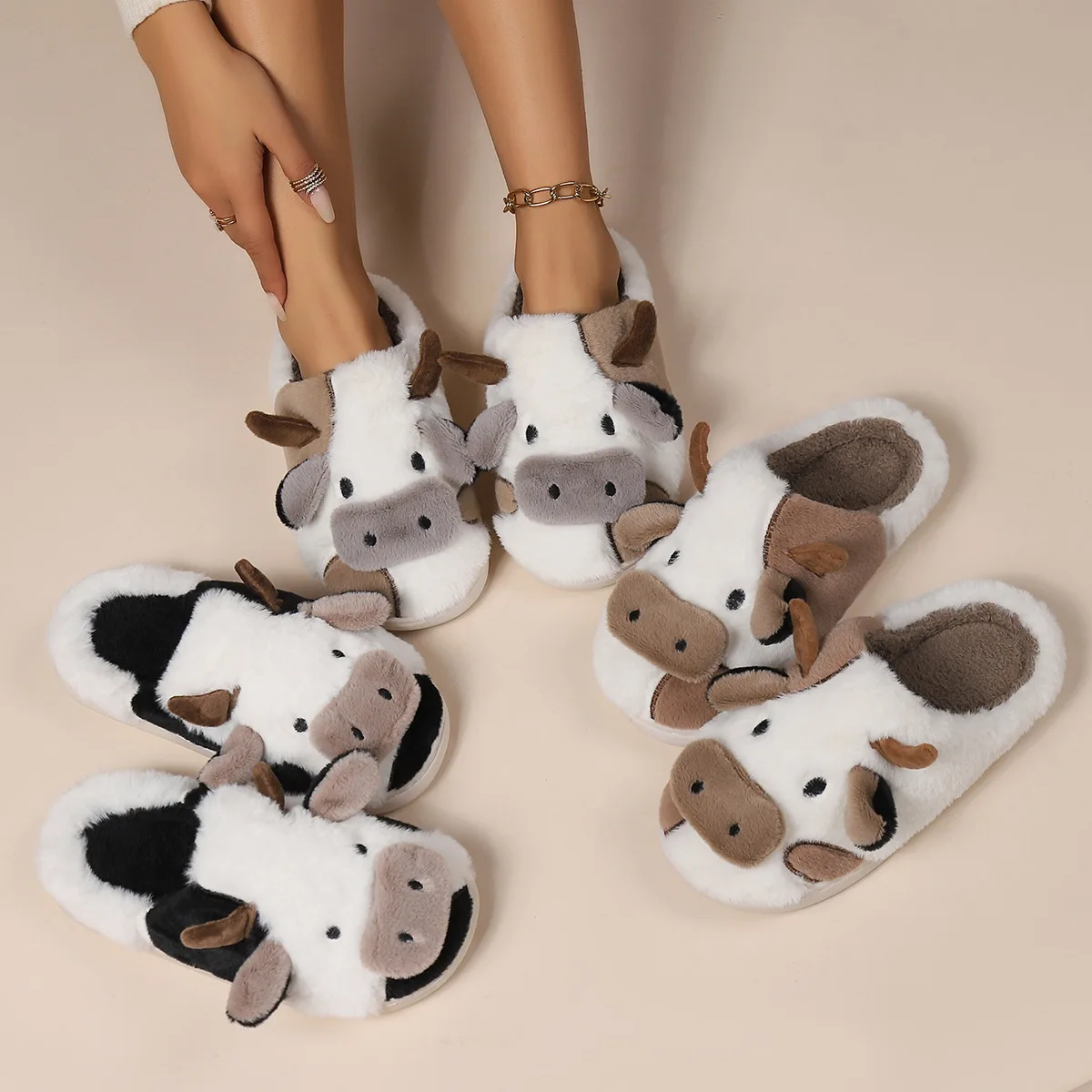 New 2024 Winter Unisex Cartoon Cow Warm Plush Slippers Couples Indoor Non-slip House Slides Men Women Home Floor Cotton Shoes