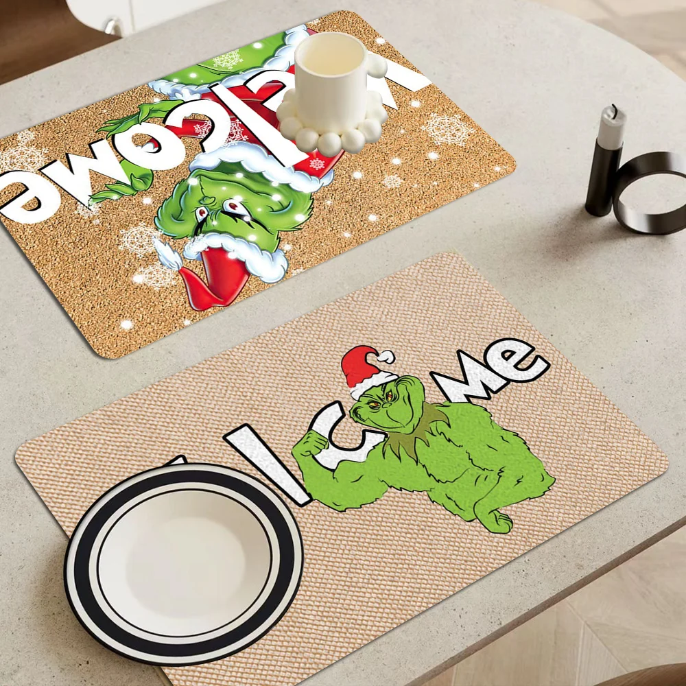 Welcome Grinch Merry Christmas Tree New Year Kitchen Draining Mat Tableware Pad Coffee Dish Drying Mat Placemat Drain Pad