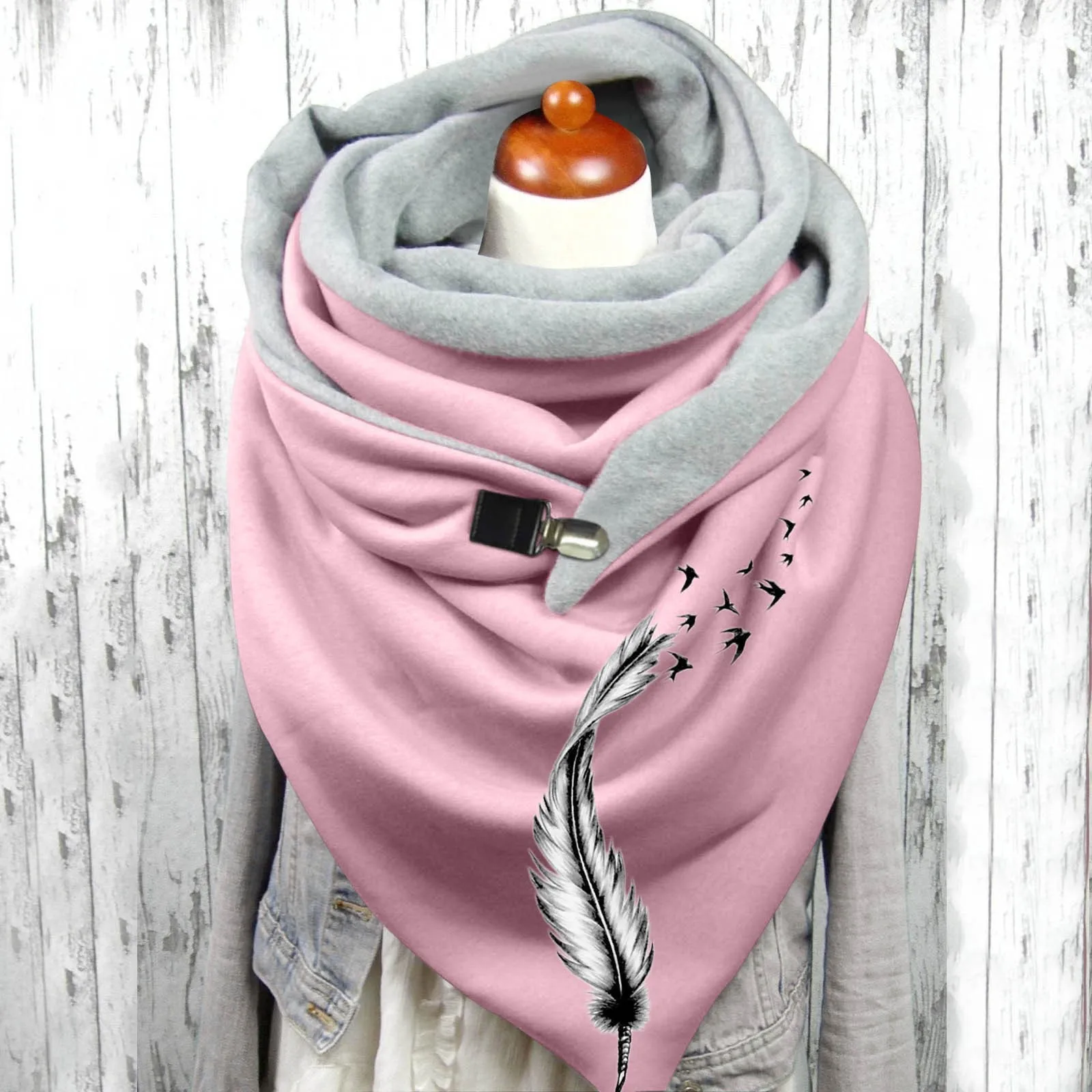 Women Fashion Feather Print Cotton Winter Warm Button Up Scarf Hijabs For Woman poncho triangle wrap large stoles  Foulard Warm