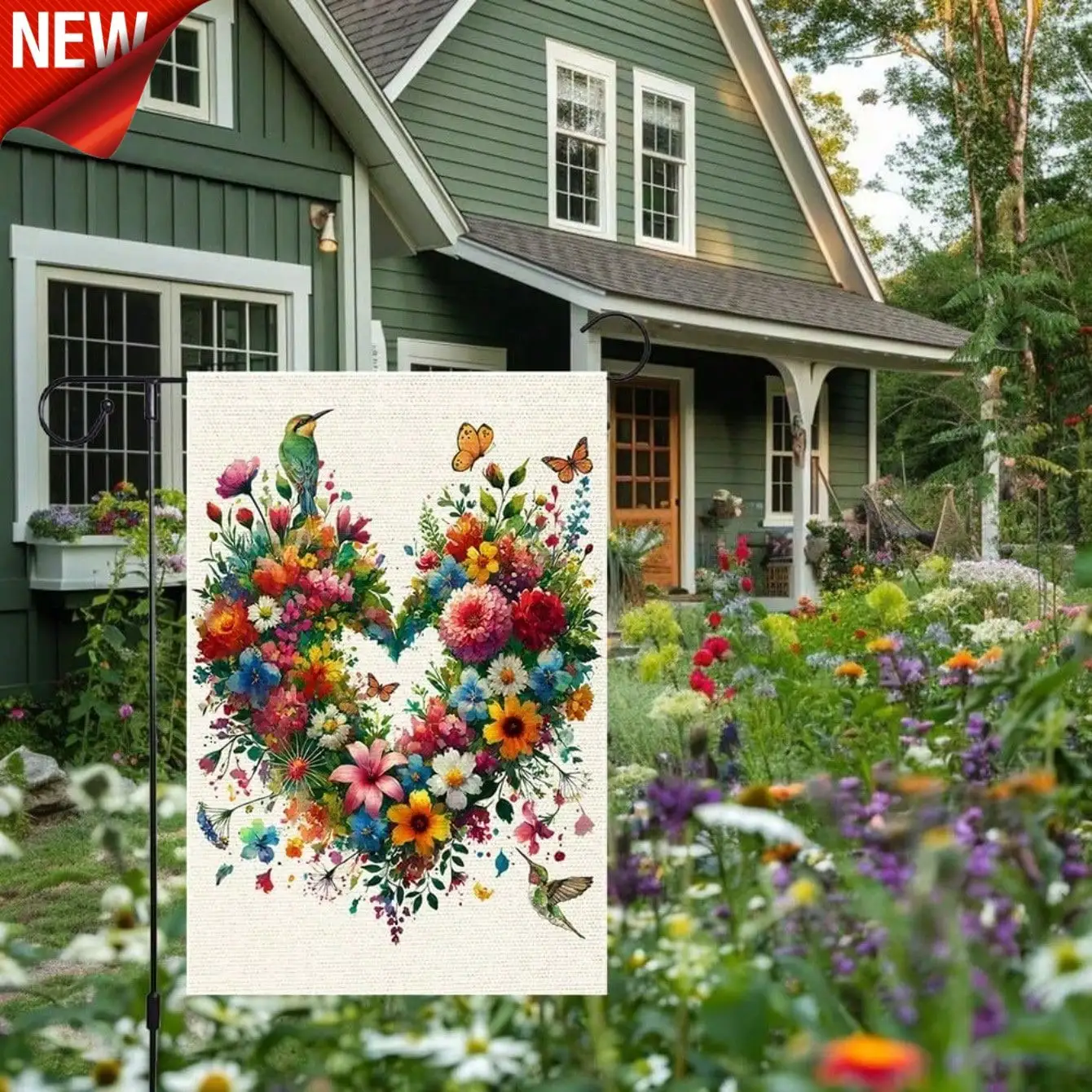 

Весенне-летний садовый флаг для улицы - яркий, красочный, с цветочными узорами, сердечками, бабочками и птицами, из мешковины, для украшения двора и патио.