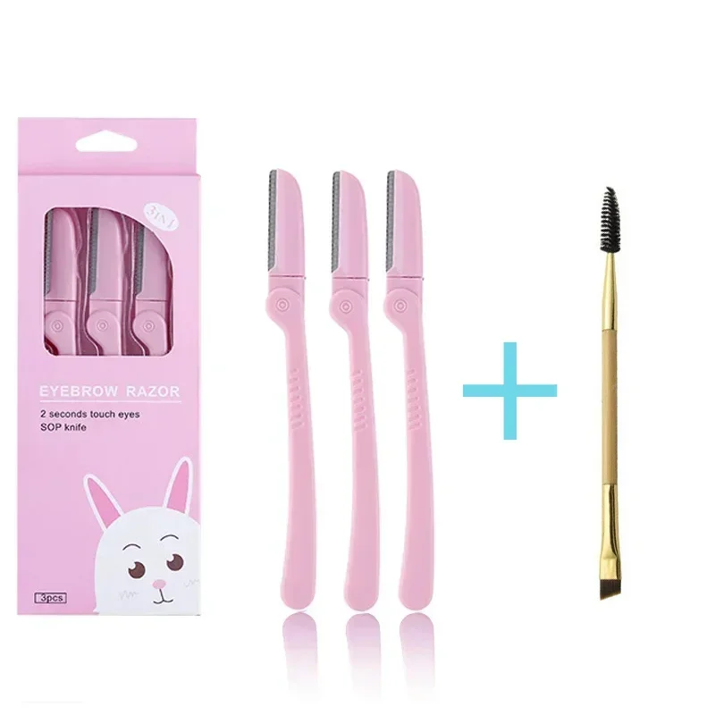 مجموعة حلاقة الحواجب مكونة من 4 قطع: فرشاة مزدوجة الجوانب وتشذيب دقيق لإزالة الشعر والمكياج للنساء