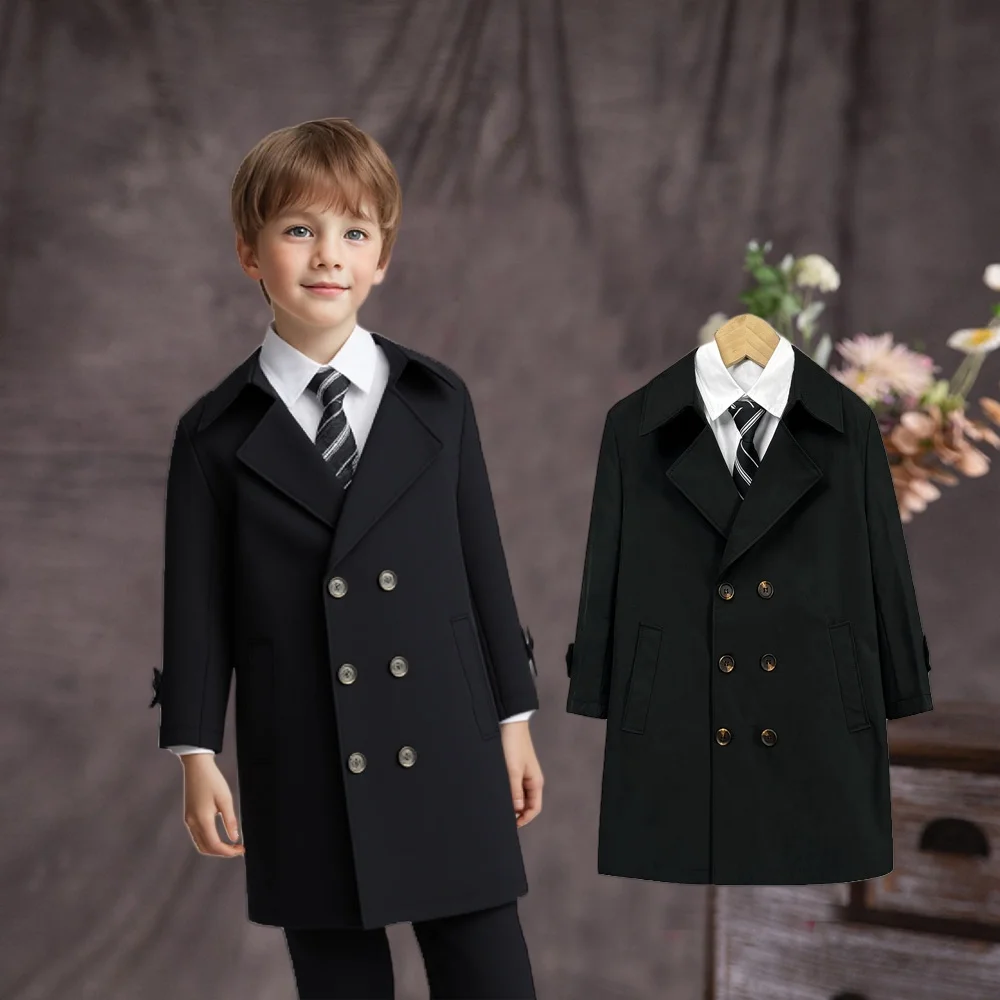 Gentleman Kids Windproof Outdoor Jacket England Boys Black Christmas Spring Autumn Long Coat Children Photography Coat 3-15Y