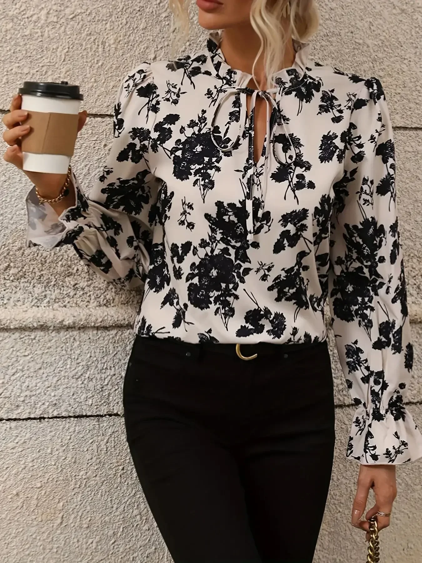 

Plus Size 1XL-5XL Women's Spring Autumn Shirt Flower Print V-Neck Lace Up Fluffy Sleeve Elegant Daily Commuter Top
