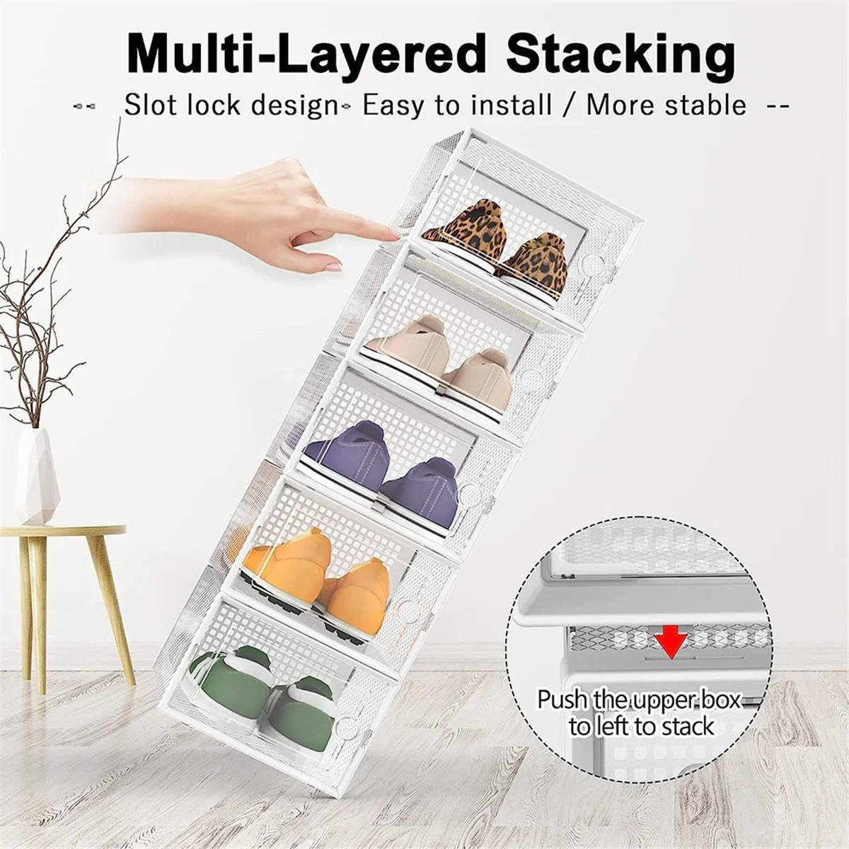 透明な透明な靴の収納ボックス,積み重ね可能なオーガナイザーのコンテナ,ハードプラスチックビン,白