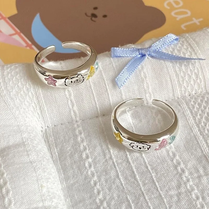 

925 Sterling Silver Charming Graffiti Pet Cat Dog Star Adjustable Opening Ring for Women Fine Jewelry Minimalist Accessories