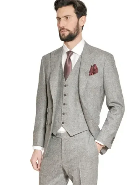 Winter Grey Tweed Warm Men Suit Classic Vintage Jacket Slim Fit 3 Piece Elegant Tuxedo Custom Groom Blazer Sets Terno Masculino