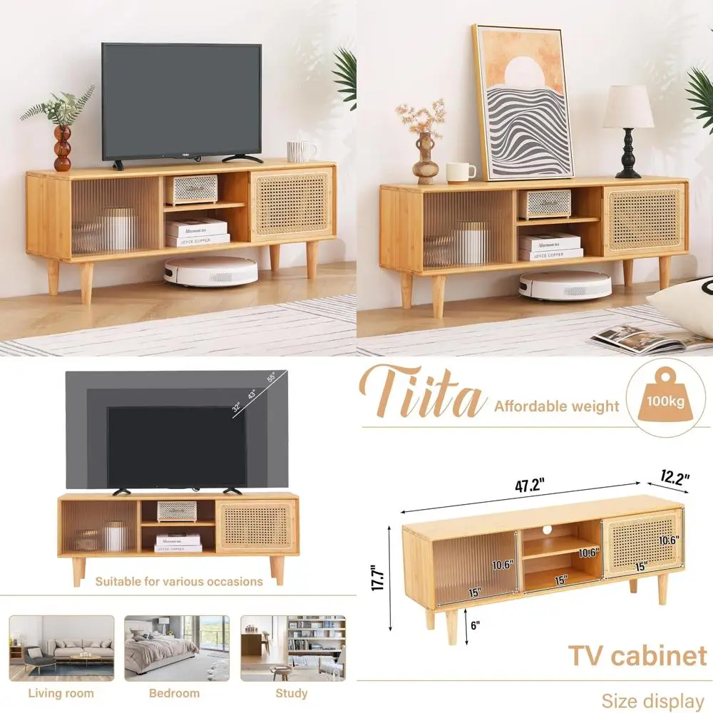 حامل تلفزيون من الروطان لتلفزيون 55 بوصة، وخزانة تلفزيون من الخيزران مع رف وتخزين قابل للتعديل، ومركز ترفيه بوهو، ووحدة منتصف القرن #1