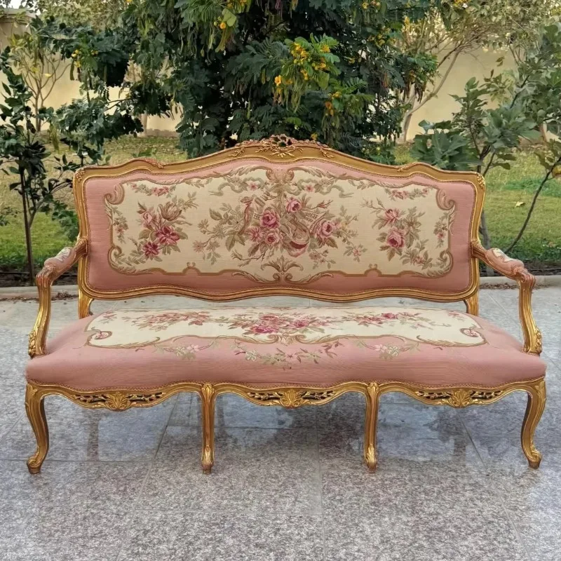 American retro country gold paint hand-carved chair, French carved living room chair