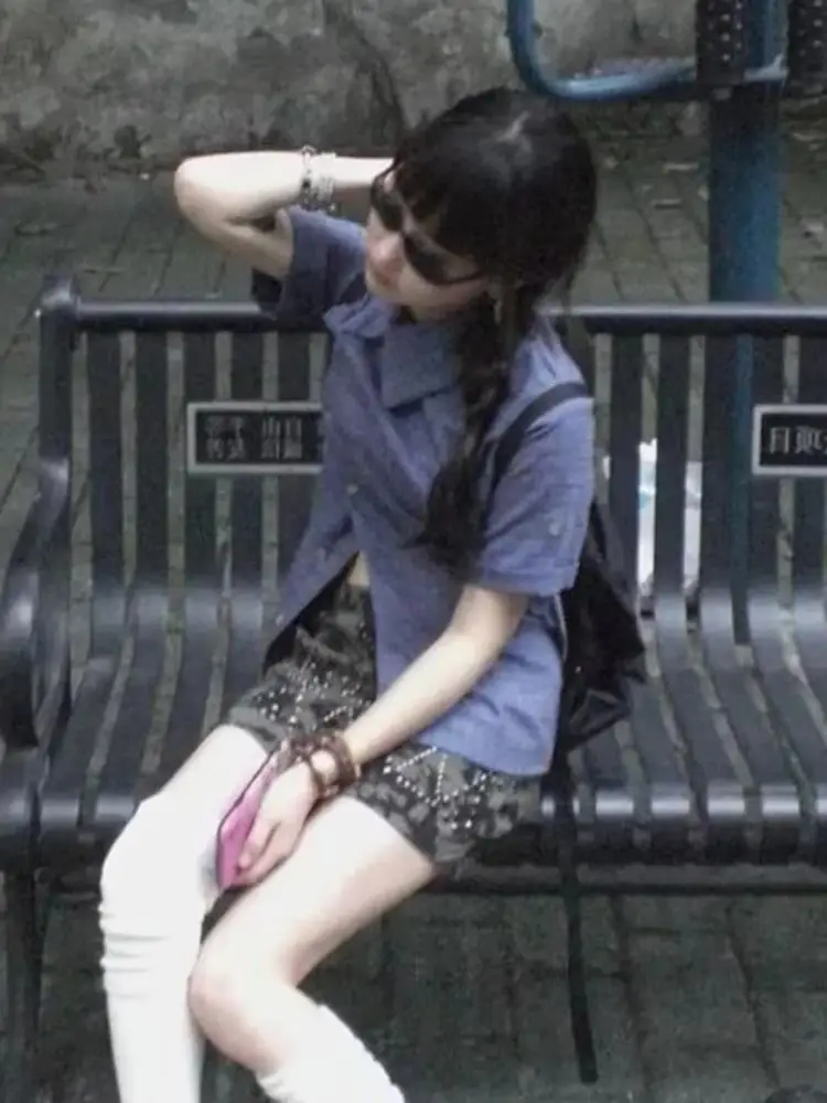 Japanse Elegante Retro Blauwe Geruite Shirts Vrouwen Losse Korte Mouw Blouses Zomer Koreaanse Chic Blusas Mujer 2000s Vintage Y2k