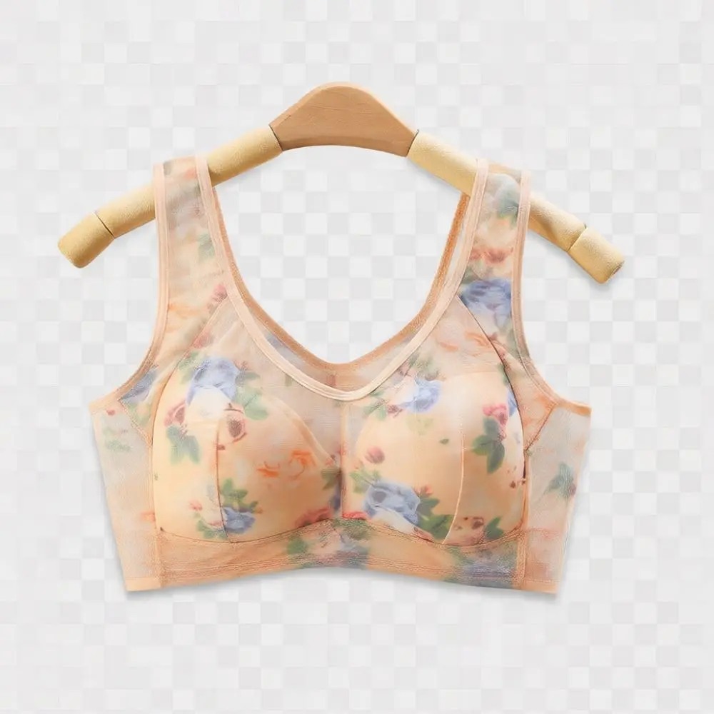 Seamless Wirefree Bra Thin Mesh Printed Vest Style Lingerie Breathable Comfortable Beauty Back Underwear Senior Women