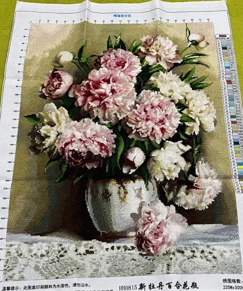 (Finished product) Pure handmade cross stitch finished product: New peony, lily vase, living room, dining room, entrance, 60 *