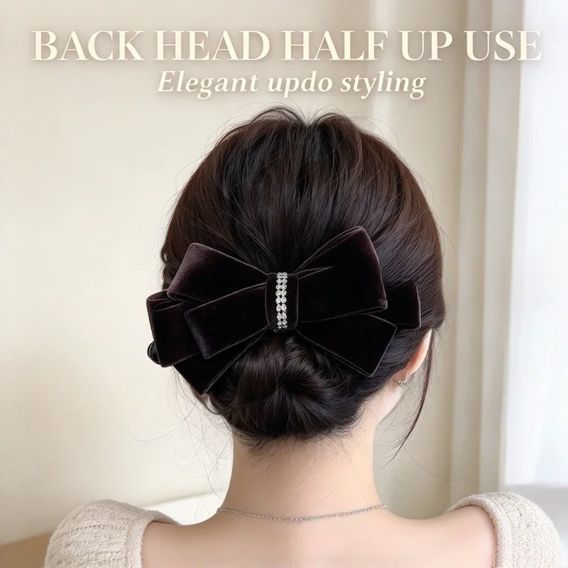 Exquisite Temperament Rhinestone Velvet Bow Banana Clip Back Head Ponytail Clip Vertical Hair Clip Hair Accessory for Women