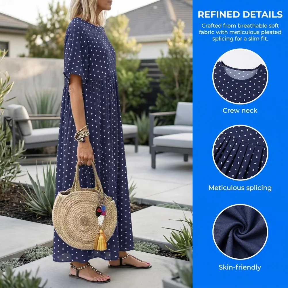

Summer Large Size Polka Dot Women's Long Commute round Ne Loose Waist A-Line Skirt