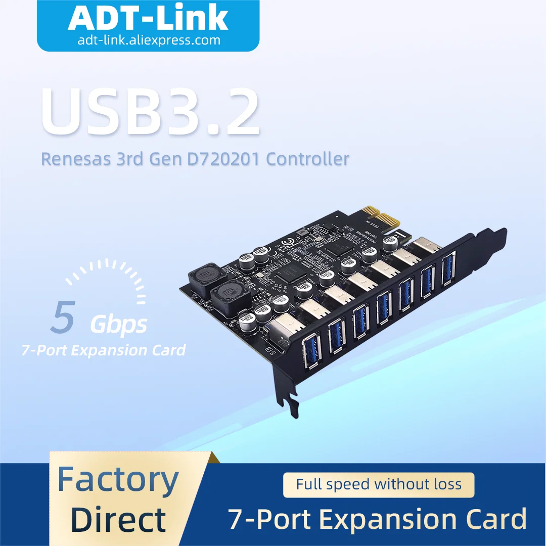 7 Ports USB3.2 Gen1 PCIe Expansion Card 5Gbps High Speed RENESAS uPD720201 Chip Desktop Computer Internal USB Extension Card