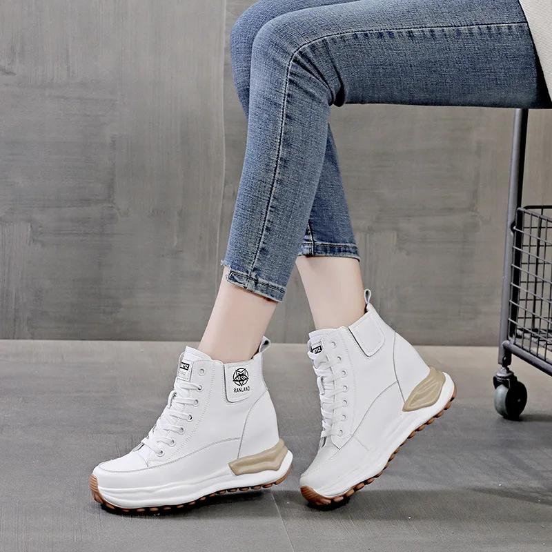 New Genuine Leather Women's Shoes Elevated Inner Height Casual High Top Shoes For Women Muffin Heel Zapatos Casuales De Mujer