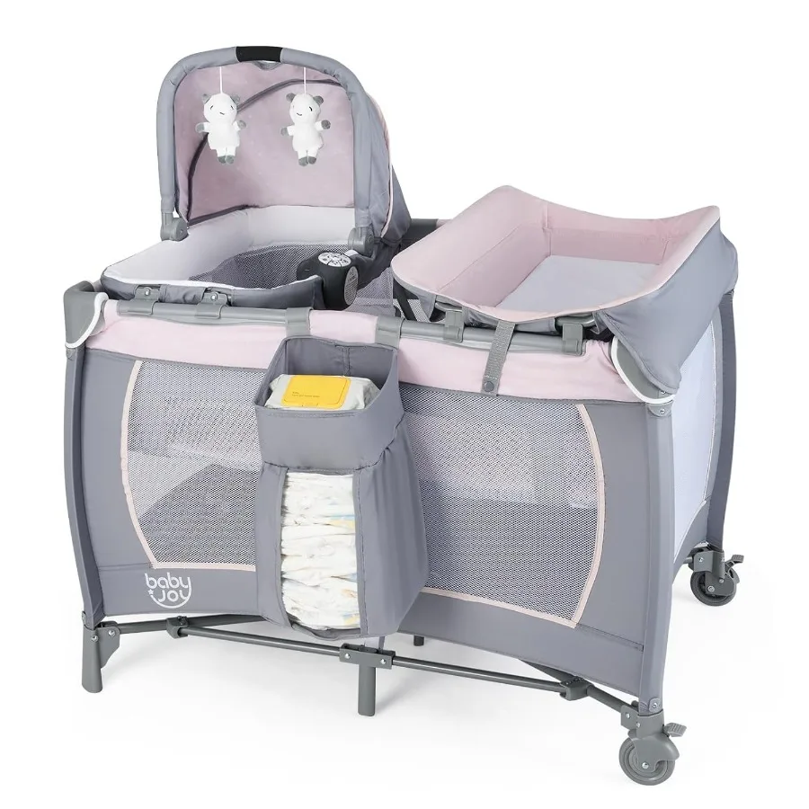 BABY JOY 5 في 1 Pack and Play Portable Baby Playard مع طاولة تغيير حفاضات سرير أطفال وردي مع موسيقى ألعاب #1