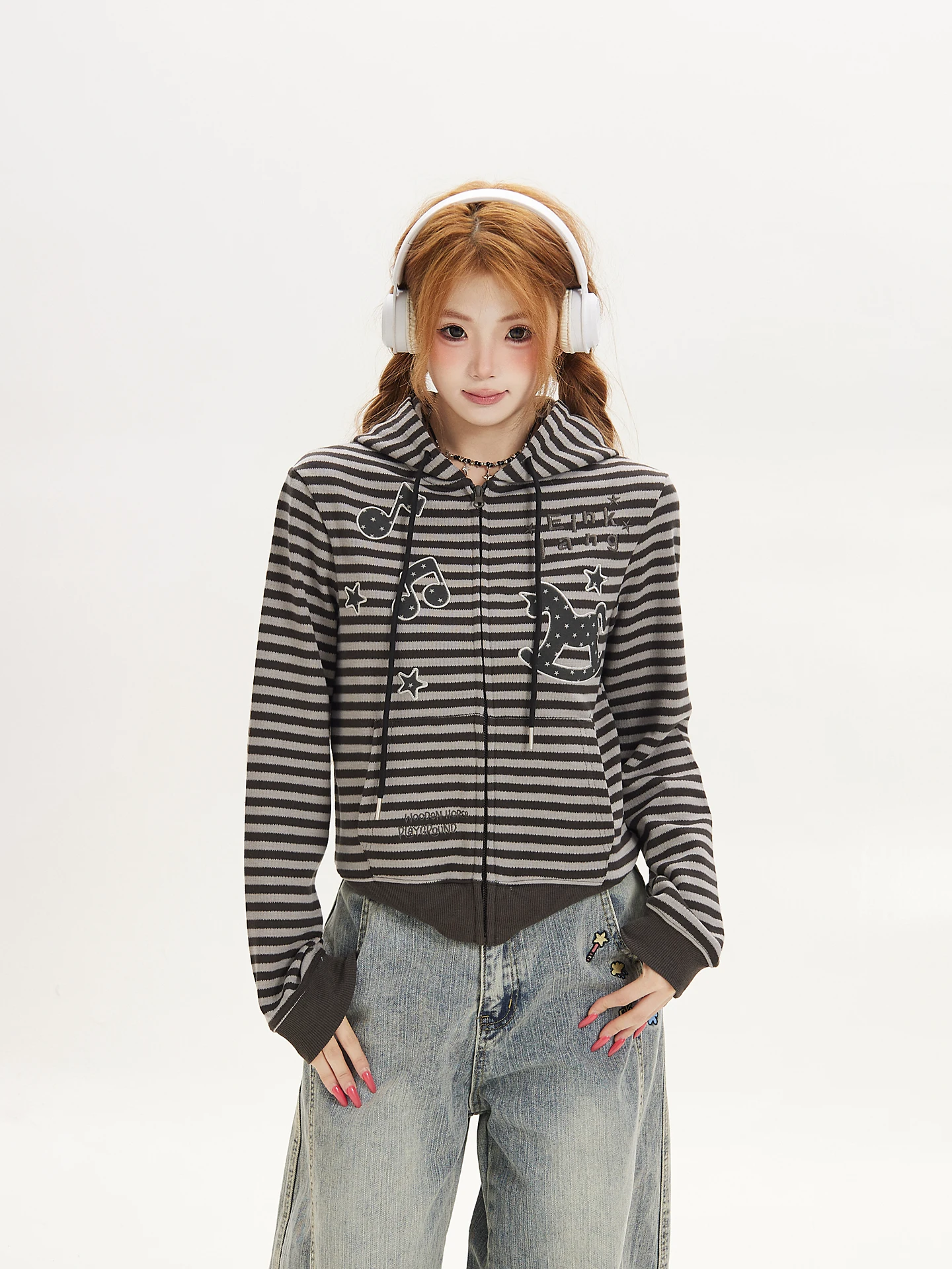 Retro American Casual Striped Hoodie Women's Short Cartoon Embroidery Open Cardigan Jacket Ant Design Cotton Polyester Blend