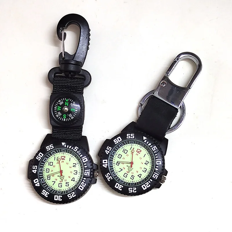 多目的スポーツカラビナウォッチ、夜光コンパス付き、バックパック-ベルトクリップデザイン、ポータブルキーチェーン、ウエストポケットウォッチ