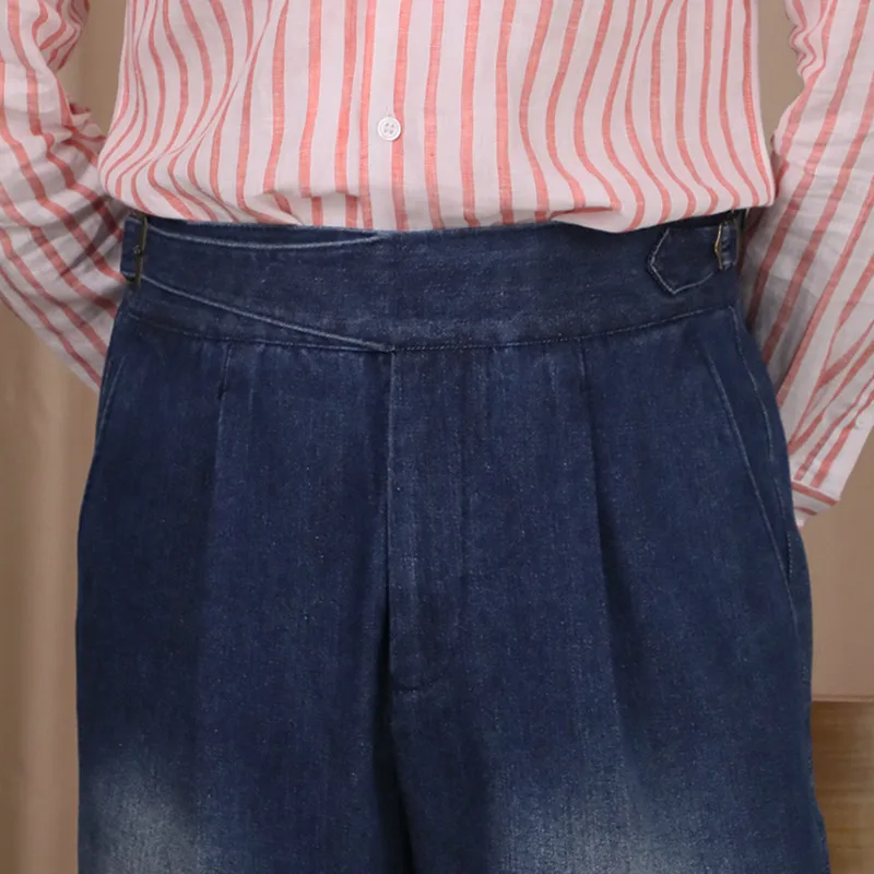 

High Quality Double Pleated Jean Straight Leg Pant Naples Straight Washed High Grade Business Pant Men Dress Trouser Jean Hombre