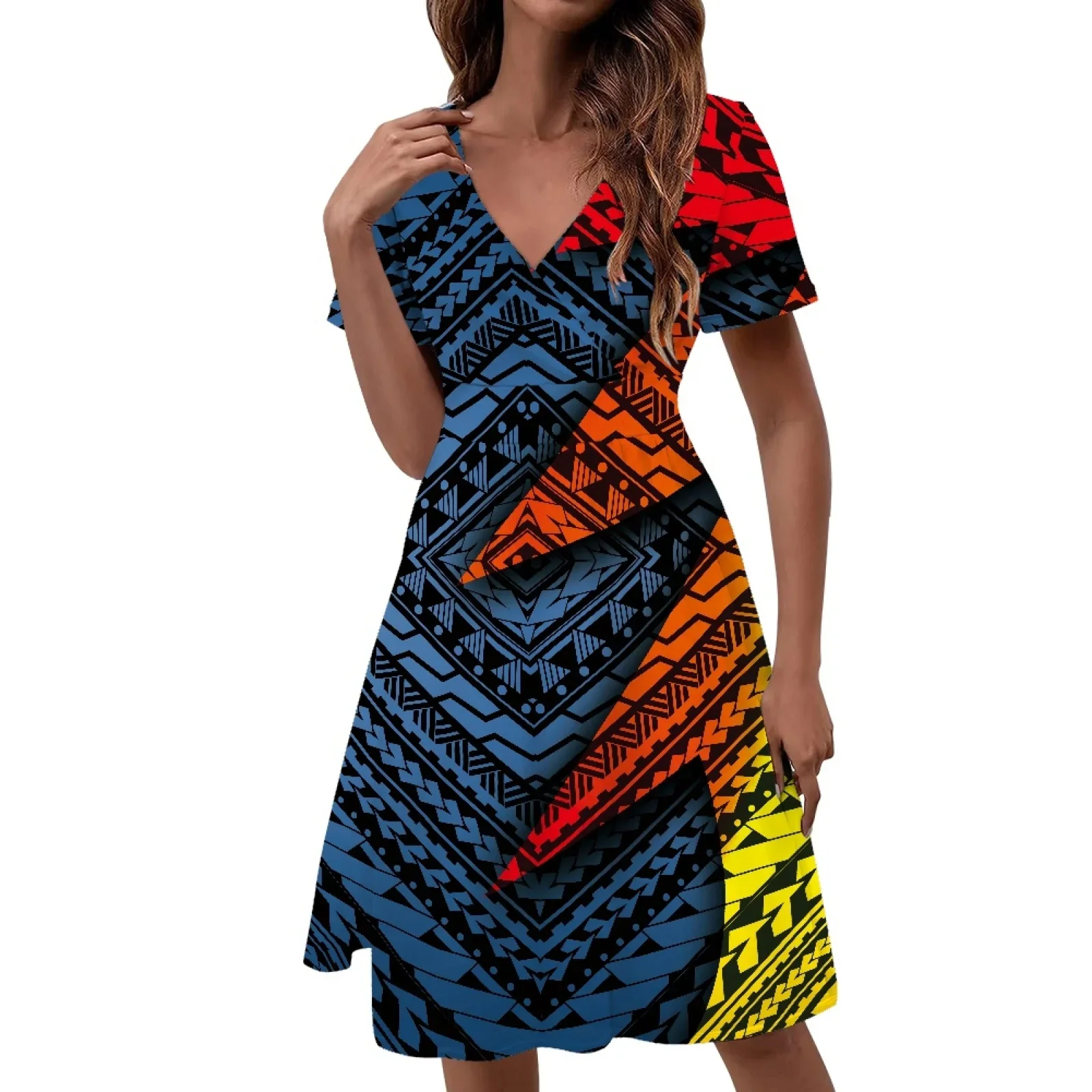 Women's V-neck Knee-Length Dress, Knee-Length, Short Sleeve, Slim Party Dresses, Polynesian TribalTongan Totem Tattoo Prints