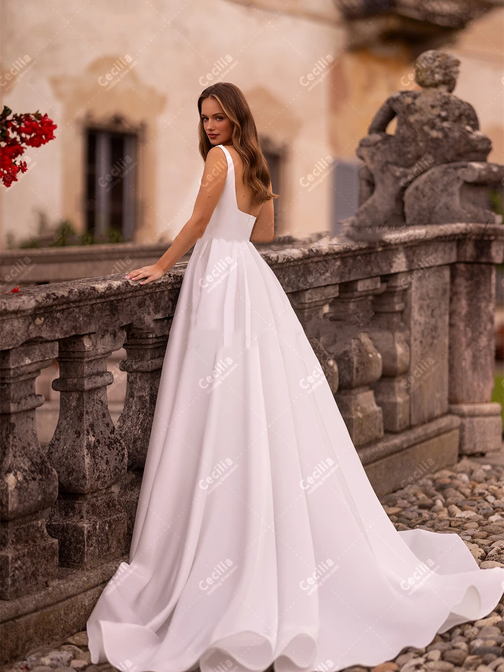 Abiti da sposa semplici abiti da sposa graziosi in raso colletto quadrato senza maniche abiti senza schienale per abiti da festa formale De Novia