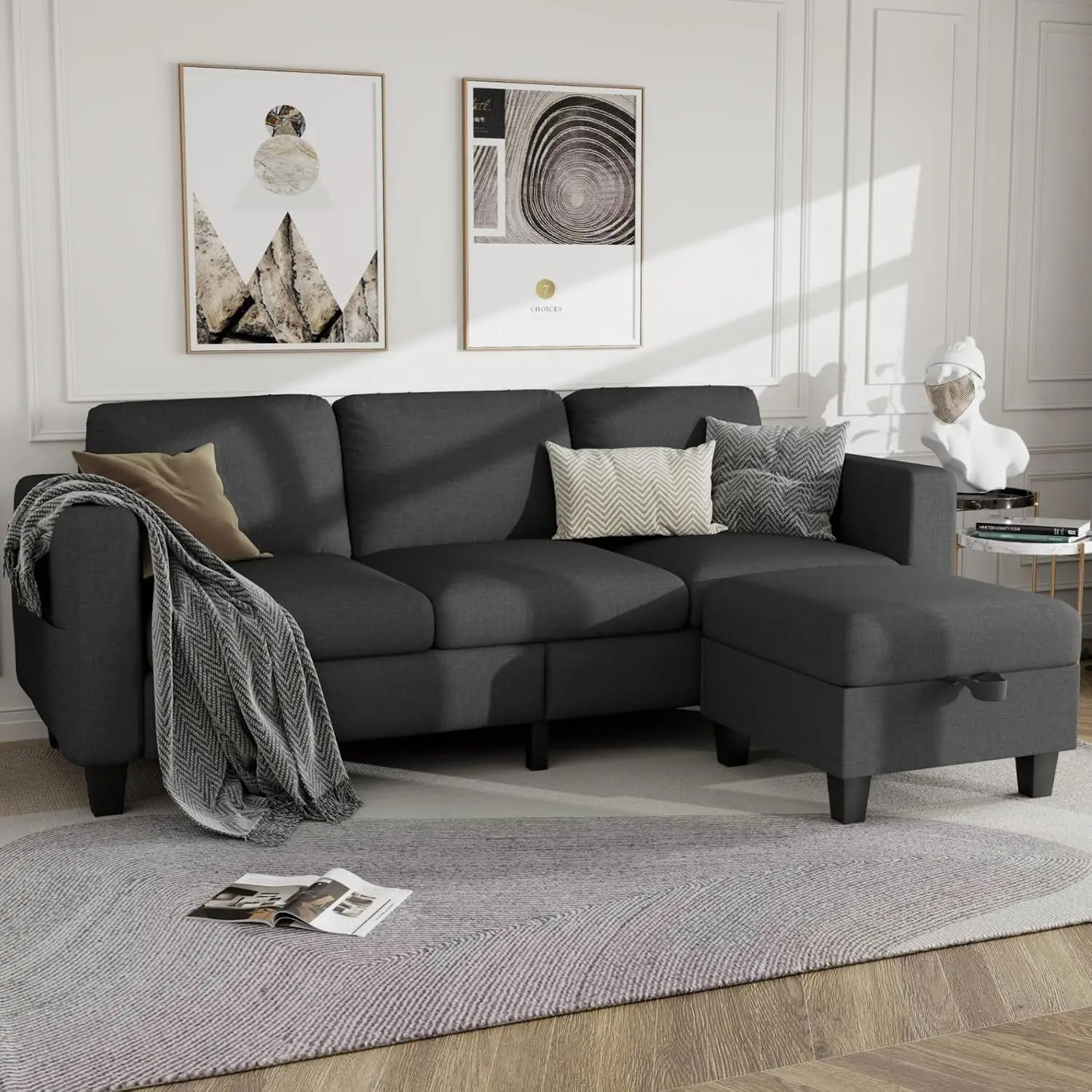 L Shaped Sectional Sofa with Storage & Washable Covers, Comfy Deep Seat 3 Seater for Living Room Apartment Office, Customized