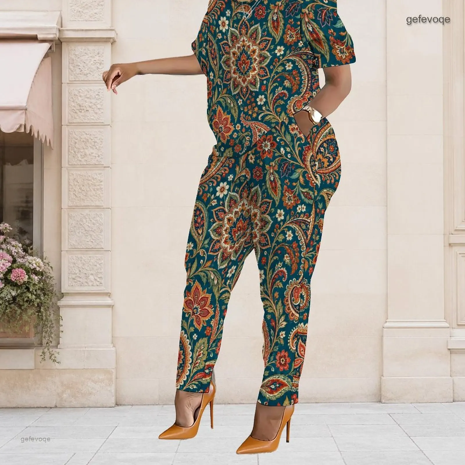 Summer Graphic Print Plus Size Sets Women O Neck Floral Ethnic Plus Size Clothes Womens Clothing Daily Leisure Wear