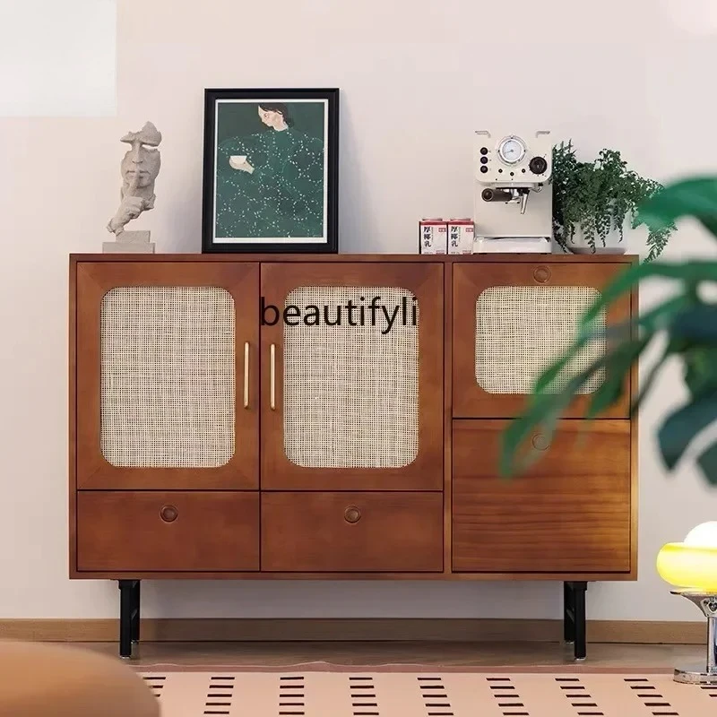 

yj32 Retro style rattan solid wood dining side tea cabinet medieval home storage cabinet Nordic storage wine cabinet