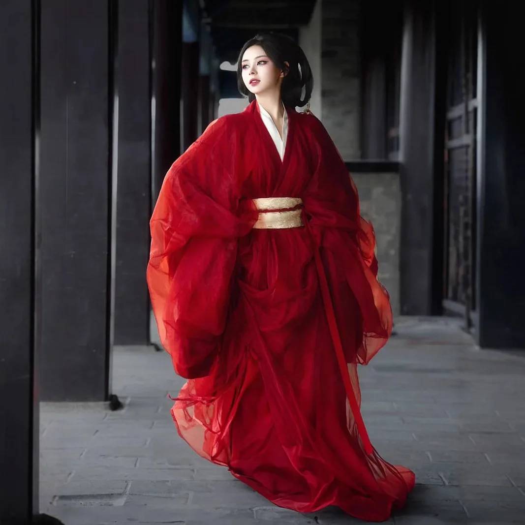 

Red Hanfu Restoration Warring States Robe Spring and Autumn Elegant Long Chinese Style Costume Straight Chivalrous Female Photo