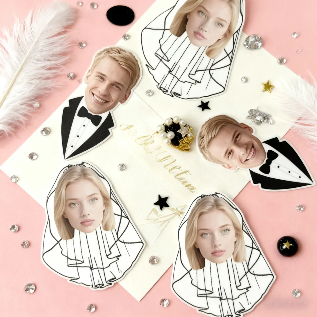 

20 customizable bride and groom photo stickers, specially designed for bachelor parties and engagement events