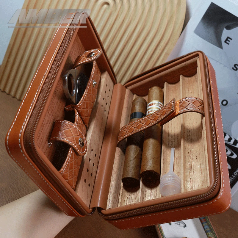 Cigar Case 4- cigars tubes Leather  Travel Portable Humidor with Cedar Wood Lined with Stainless Steel Cigars Cutter